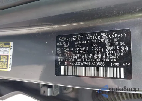 2017 Hyundai Tucson Sport из США, поврежденный, VIN KM8J3CA25HU340886